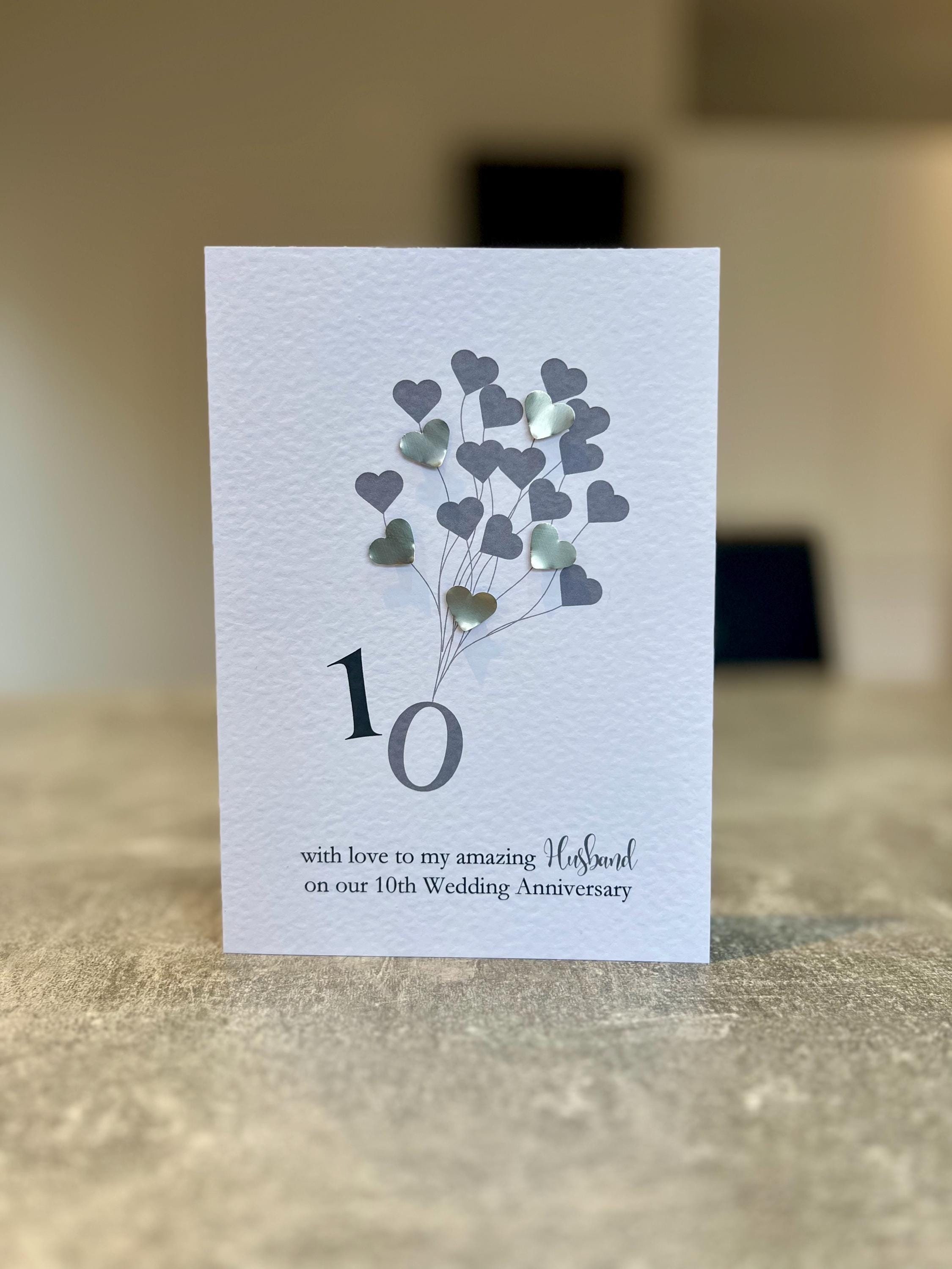 Echte Jubiläums Jubiläumskarte. Mann 10.Hochzeit Jahrestag Karte. Handgemachte Jubiläum Karte. Handgemacht mit Zinn Herzen, Zinn Jahr