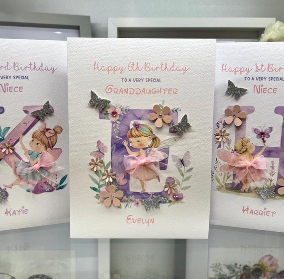Granddaughter Birthday Card, any age, name card, pretty card, Daughter birthday, Granddaughter 6th birthday, Initial card, 3D Handmade card