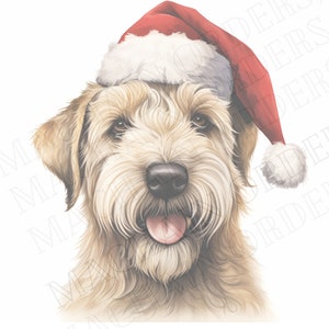 Digital Wheaten Terrier with Santa Hat Clipart - Festive Holiday Dog Illustratio