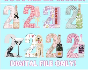 Puede incluir: Un diseño digital con los números "21" en varios patrones, con imágenes de botellas de champán, una copa de cóctel, un perro y una botella de tequila. El texto "CUSTOM 21 SIGNS!" y "DIGITAL FILE ONLY!" también están presentes.