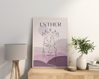 Boho Female Line Art, Downloadable Christian Wall Print, Women of the Bible Collection, Purple Queen Esther | EstherKingStudios