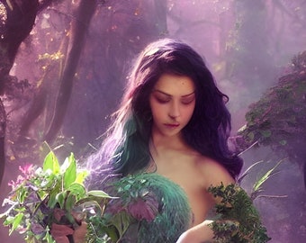 May include: A woman with long purple and green hair stands in a misty forest. She is surrounded by lush greenery and is holding a bouquet of flowers.
