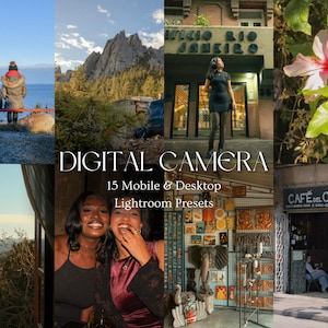 May include: A collage of images featuring diverse scenes. Includes a mountain landscape, people near the ocean, a woman in front of a building, a close-up of a flower, two smiling women, a cafe, and a shop. Text overlay: "DIGITAL CAMERA 15 Mobile & Desktop Lightroom Presets."