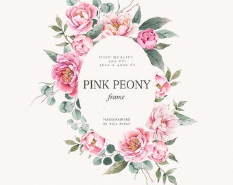 Imágenes prediseñadas de flores de peonía, marco de flores rosas, diseño de invitación de peonías, arte de corona floral, imágenes prediseñadas de eucalipto, invitaciones de boda PNG