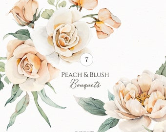 Imágenes prediseñadas de ramo floral de boda, flores desnudas de acuarela, diseño de invitación de peonía blanca, arte de rosa melocotón, descarga digital para proyectos de bricolaje