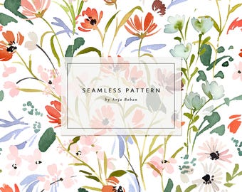 Estampado floral primaveral sin costuras, diseño de tela con flores multicolores, acuarela abstracta de flores silvestres, DESCARGA INSTANTÁNEA