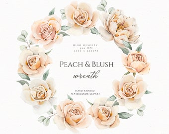Corona de flores en acuarela: Rosa melocotón y peonías ruborizadas (PNG)