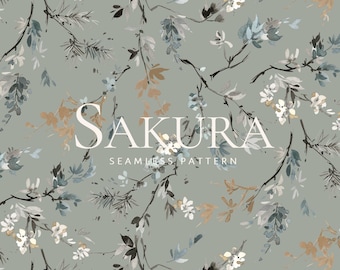 Diseño sin costuras Sakura, motivos florales de estilo japonés, estampados y motivos pintados a mano, papel pintado con flores.