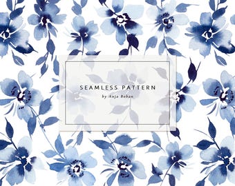 Diseño floral sin costuras de porcelana, estampado de flores azules y blancas, flores de acuarela dibujadas a mano, papel digital, DESCARGA INSTANTÁNEA
