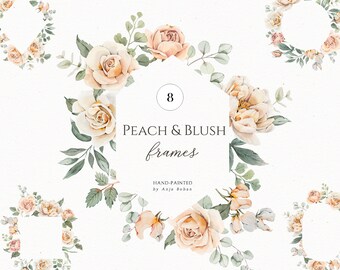Clipart cadre floral aquarelle : pêche et roses blush (téléchargement numérique)