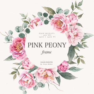 Rosa Pfingstrose Hochzeit Clipart, Aquarell Blumenrahmen, Pfingstrosen Einladung Design, Blumenkranz Kunst, Eukalyptusblätter, PNG Logo