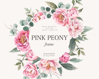 Clipart de boda de peonía rosa, marco de flores de acuarela, diseño de invitación de peonías, arte de corona floral, hojas de eucalipto, logotipo PNG