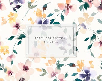 Diseño floral primaveral sin costuras, estampado en tonos rosa y verde esmeralda, papel digital con estampado floral en acuarela, DESCARGA INSTANTÁNEA.