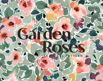 Diseño de papel digital con estampado de rosas de jardín sin costuras, fondo floral colorido, flores en acuarela.