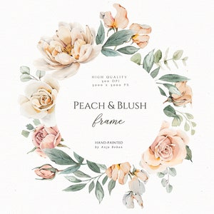 Hochzeit Blumenkranz Clipart, Aquarell Blumenrahmen, Pfirsich rosa Einladungsdesign, Rose Pfingstrose Kunst, Eukalyptusblätter, PNG Logo
