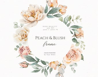 Clipart de corona floral de boda, marco de flores de acuarela, diseño de invitación rosa melocotón, arte de peonía rosa, hojas de eucalipto, logotipo PNG