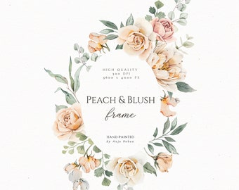 Clipart de marco floral, flor de durazno en acuarela, clipart de corona, elementos botánicos para bodas, diseño de papelería, impresión de arte mural