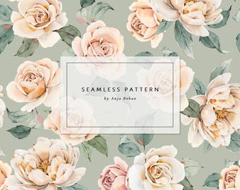 Diseño sin costuras Blush Blooms, tela en rosa neutro y verde salvia, flores blancas en acuarela, DESCARGA INSTANTÁNEA