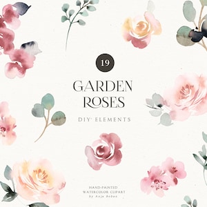 Puede incluir: Un conjunto de 19 elementos de clipart de rosas de acuarela pintados a mano. Las rosas son en tonos de rosa y amarillo, con hojas verdes. El texto "GARDEN ROSES DIY ELEMENTS" está en el centro de la imagen.