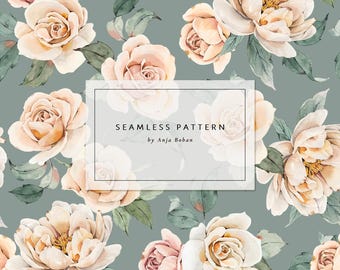 Diseño sin costuras Blush Blooms, tela en rosa neutro y verde apagado, flores blancas en acuarela, DESCARGA INSTANTÁNEA