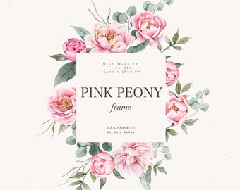 Clipart de peonía de acuarela, marco de flores rosas, diseño de invitación de peonías, arte de corona floral, hojas de eucalipto, logotipo PNG