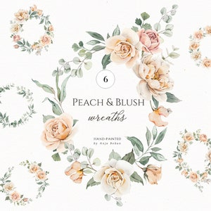 Aquarell Blumenkränze, Pfirsich Hochzeit Blumendesign, weiße Pfingstrosen PNG, Boho Einladung Clipart, Dusty Rose Art, digitaler Download