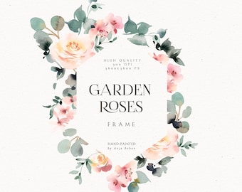 May include: A watercolor illustration of a hexagonal frame with a floral border of pink and white roses and eucalyptus leaves. The text "GARDEN ROSES FRAME" is inside the frame. The text "HAND-PAINTED by Anja Boban" is below the frame.