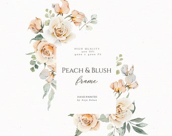 Clipart de marco floral de acuarela, clipart de corona de flores de durazno, elementos de boda de primavera, diseño de peonía rosa de papelería, arte de pared PNG