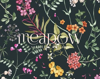 Diseño de papel digital con estampado de pradera sin costuras, fondo floral colorido y flores silvestres.