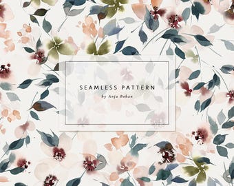 Diseño floral en acuarela sin costuras, diseño de tela en tonos rosa y azul, papel digital con flores de primavera, DESCARGA INSTANTÁNEA