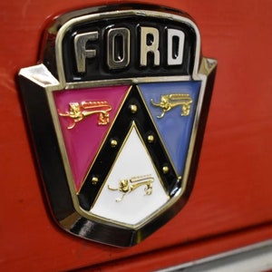Può includere: Primo piano di un emblema Ford vintage. L'emblema presenta un bordo nero con la scritta "FORD" in argento. L'interno presenta sezioni rosa, bianche e blu con figure di animali dorati.