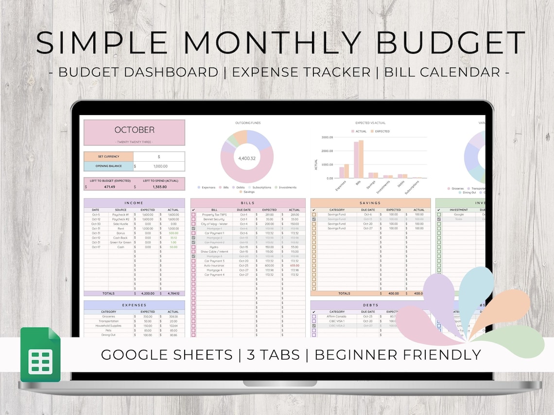 Simple Monthly Budget Spreadsheet Google Sheets Budget - Etsy