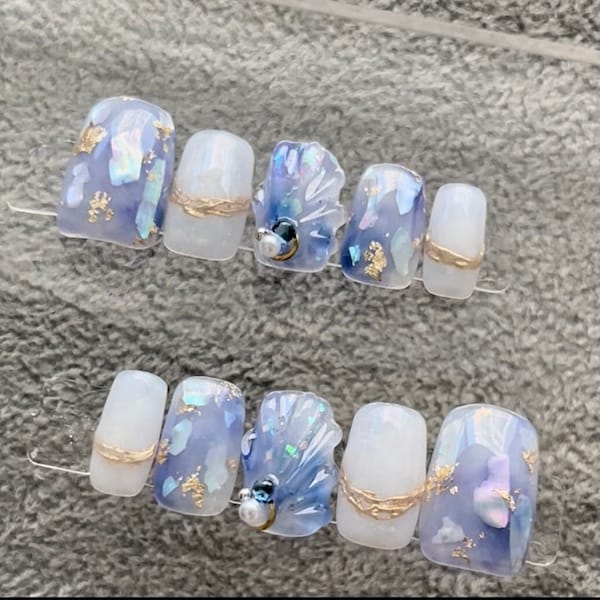 Presse sirène sur les ongles Thème océan ongles en forme de coquillage Presse sirène sur les ongles, ongles bleu mer, ongles coquillages 3D, presse carrée moyenne sur l'ongle