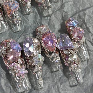 Fairy Core Pink Purple Press On Nails 3D Crystal Rhinestone Nail Art Long Glam Nails Cute Fantasy Nail Set Fantasy Purple Long Coffin Nails