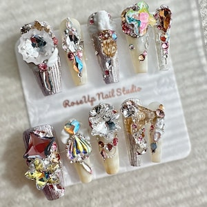 Swarovski Crystal Press On Nails, High-End Swarovski Crystal Long Nails, RoseUp Haute Couture Collection, Extra Long Coffin Nails