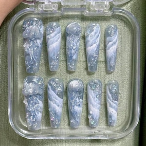 Glow-in-the-dark Press-On Nails, 3D Jellyfish Press Ons, Ocean Theme Nails. High-End Reusable Long Coffin Nails, Neon Light Nails.