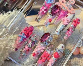 Long Coffin Press-On Nails Y2K Gel Nails, Y2K Cute Press On Nails, Pink Junk Nails, RoseUp Haute Couture Collection