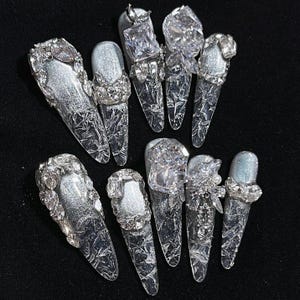 XL Full Bling Press On Nails Cubic Zirconia Long Nails, Cracking Ice Nails, Metallic Silver Press On Nails. Let It Go Inspired Fake Nails.