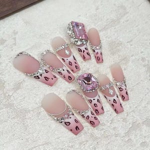 Pink Leopard Print Press On Nails Pink Gem Fake Nails, RoseUp Haute Couture Collection, French Press On Nails with Rhinestones