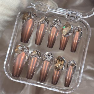 Extra Long Coffin PressOns Nails,  Swarovski Crystal Long Nails,  RoseUp Haute Couture Collection, 3cm Long Nails Shining Nails. Punk nails