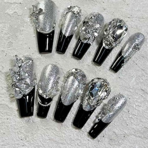 French Tip Metallic Silver Press On Nails, Silver Long Nails, Gemstone Fake Nails, High-End Rhinestone Long Nails, French Tip Fake Nails.