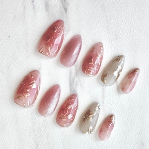 Luxury Press on Nails for Wedding, Bridal Fake Nails, Pink and Gold Nails,  Hand Paint Nails, 3D Floral Nails Almond Shape Nails