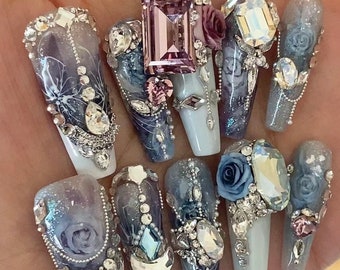 Luxury Press-On Nails,  High-End Swarovski Crystal Long Nails,  RoseUp Haute Couture Collection, 3cm Long Nails