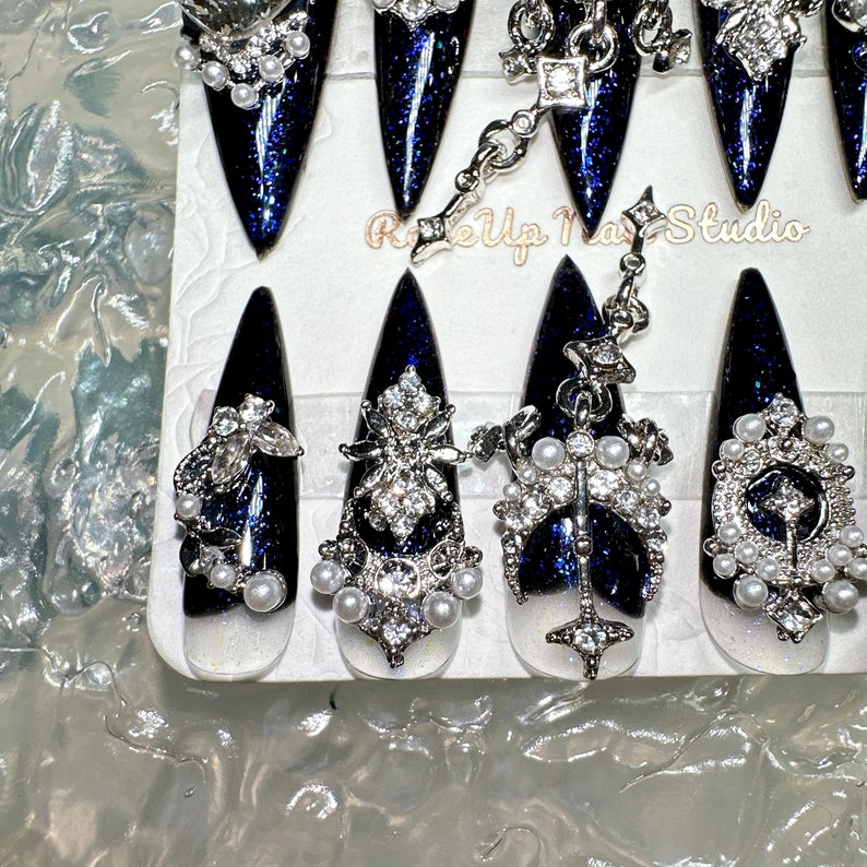 Cardi B Nails EXTRA LONG Metallic Blue Sparkling Press on Nails, Long Glitter Fake Nails, Silver