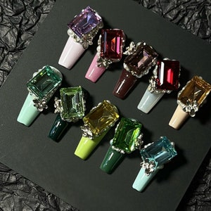 Candy-colored Press On Nails, Colorful Nail Set, Gemstone Fake Nails, High-End Rhinestone Long Nails, RoseUp Haute Couture Collection