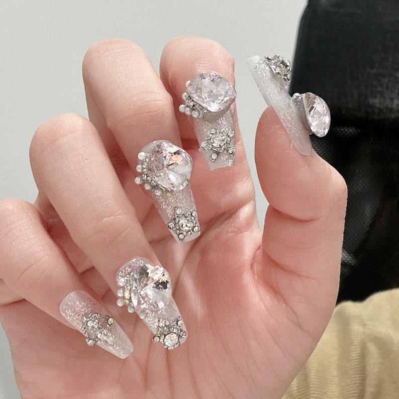 Pink Diamond Sparkling Press on Nails Long Glitter Fake Etsy