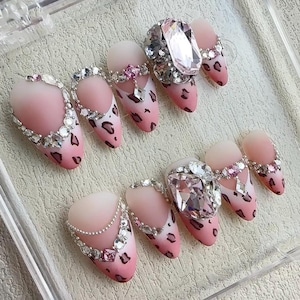 Pink Leopard Print Press On Nails with Crystals, RoseUp Haute Couture Collection, French Press On Nails Y2K Nails.