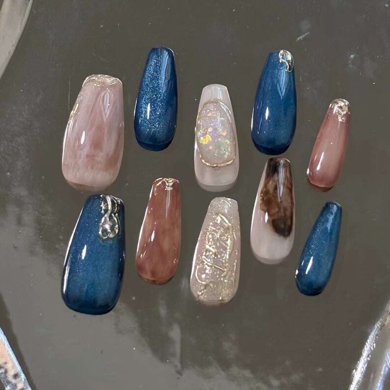 Luxury Press on Nails Long Coffin Nails, 3D Fake Nails, Blue Nails