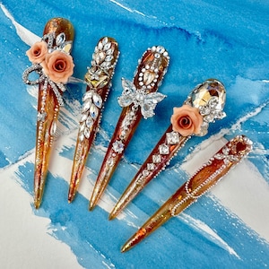 7cm  XXXL Dazzling Press On Nails, High-End Rhinestone Long Nails, XL Coffin Nails,  Bronze Gold Tone Extra Long Nails. XXXL Stiletto Nails