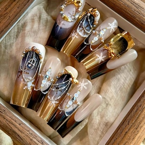 Gold Christmas Press On Nails XL Coffin Press On Nails RoseUp Haute Couture Collection, Christmas Gift for Her